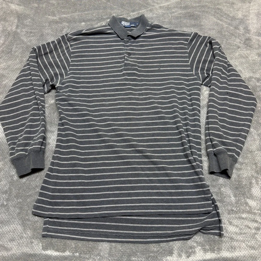 Polo Ralph Lauren Mens Long Sleeve Striped Polo Shirt Gray White‎ Size M Cotton